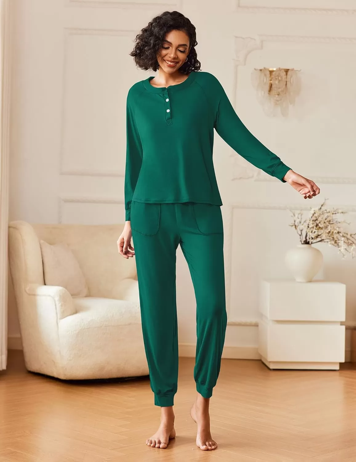 imageEkouaer Womens Pajamas Long Sleeve Jogger Sets Comfy Pjs Soft Loungewear 2 Piece Lounge Sets with Pockets SXXLDark Green