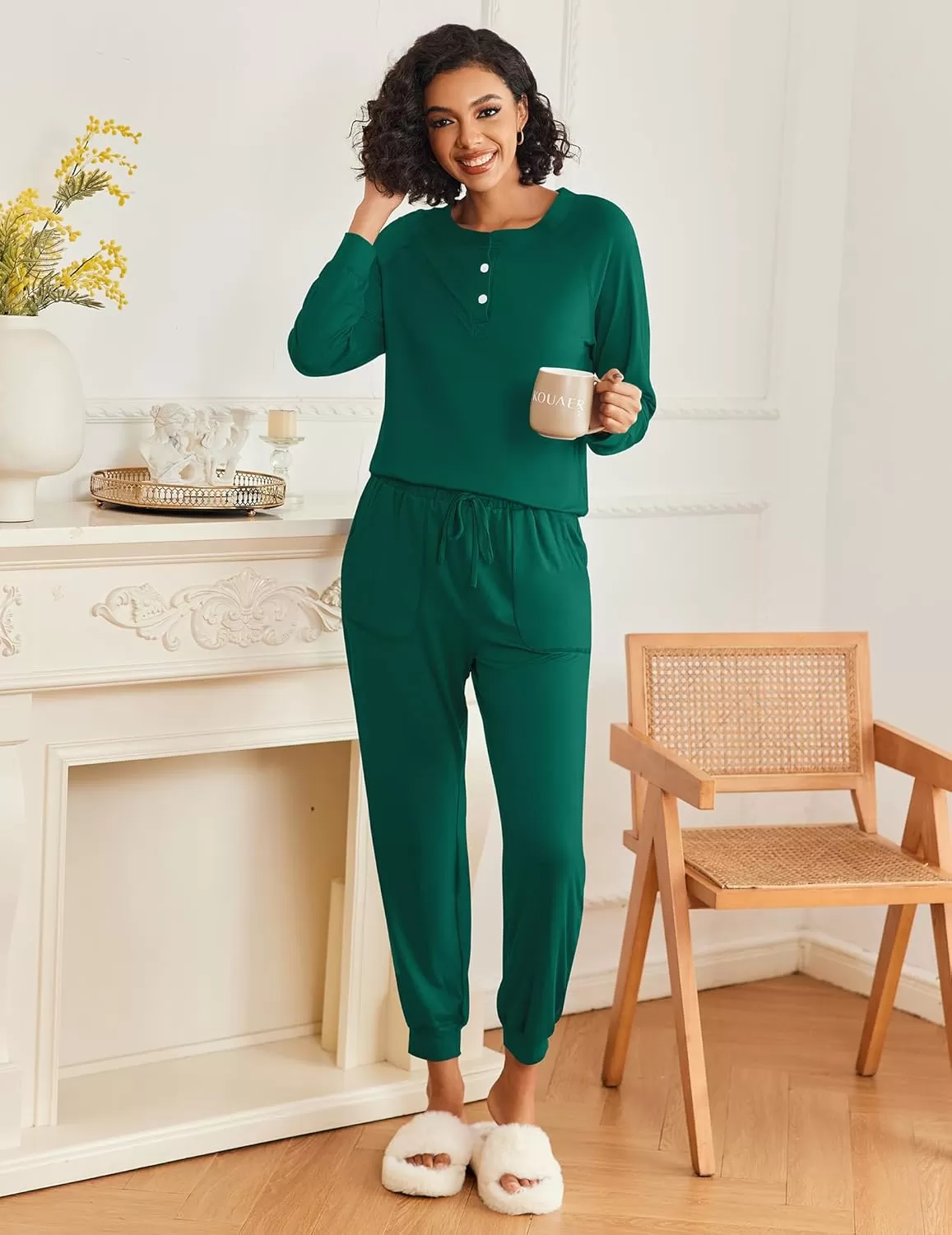 imageEkouaer Womens Pajamas Long Sleeve Jogger Sets Comfy Pjs Soft Loungewear 2 Piece Lounge Sets with Pockets SXXLDark Green