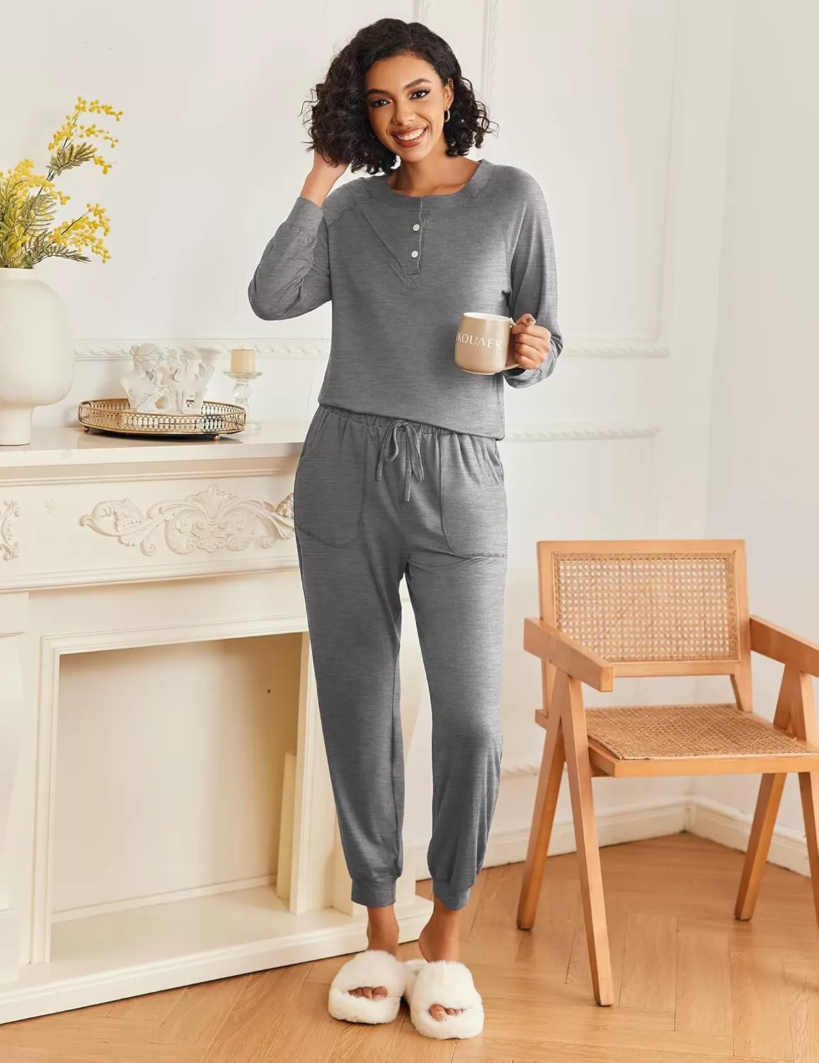 imageEkouaer Womens Pajamas Long Sleeve Jogger Sets Comfy Pjs Soft Loungewear 2 Piece Lounge Sets with Pockets SXXLDark Grey