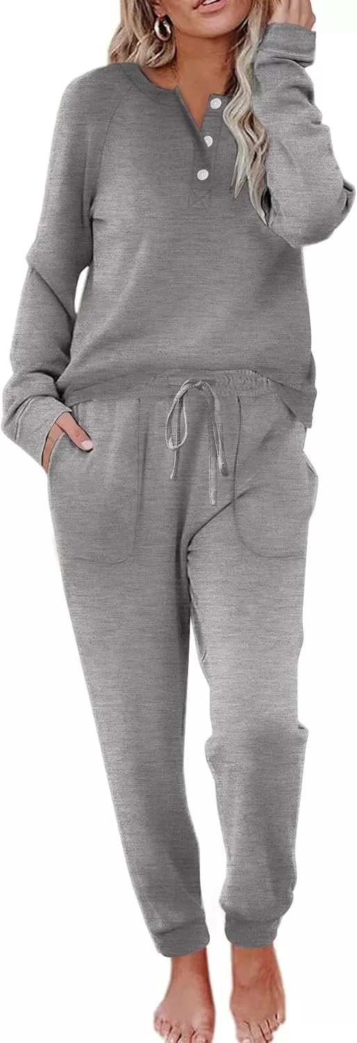 imageEkouaer Womens Pajamas Long Sleeve Jogger Sets Comfy Pjs Soft Loungewear 2 Piece Lounge Sets with Pockets SXXLDark Grey
