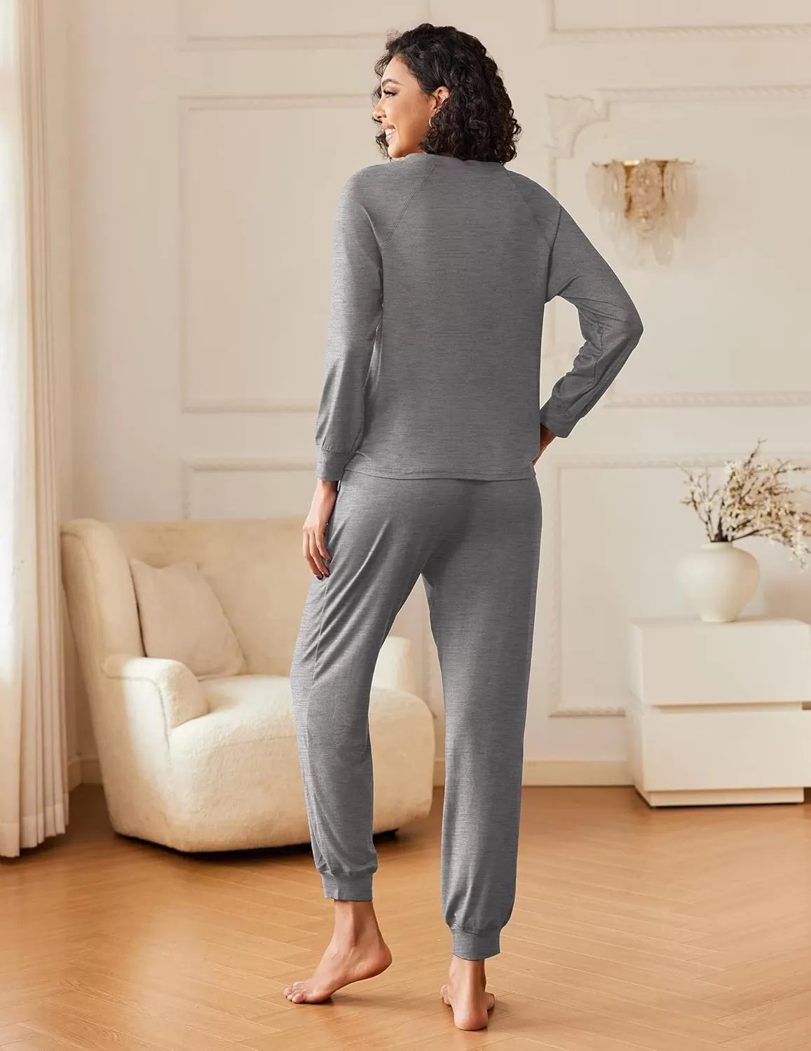 imageEkouaer Womens Pajamas Long Sleeve Jogger Sets Comfy Pjs Soft Loungewear 2 Piece Lounge Sets with Pockets SXXLDark Grey