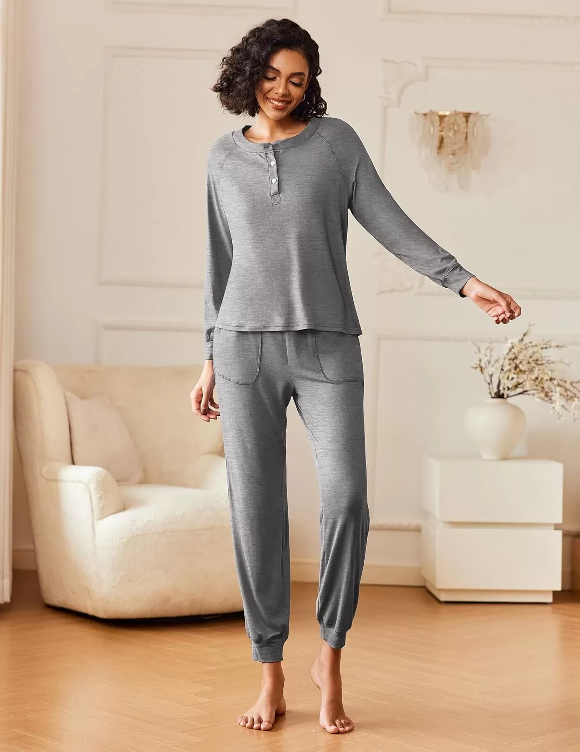 imageEkouaer Womens Pajamas Long Sleeve Jogger Sets Comfy Pjs Soft Loungewear 2 Piece Lounge Sets with Pockets SXXLDark Grey