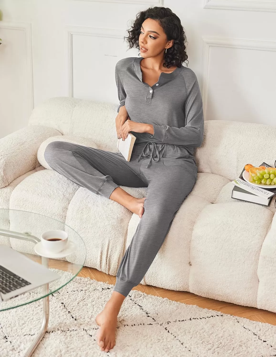 imageEkouaer Womens Pajamas Long Sleeve Jogger Sets Comfy Pjs Soft Loungewear 2 Piece Lounge Sets with Pockets SXXLDark Grey