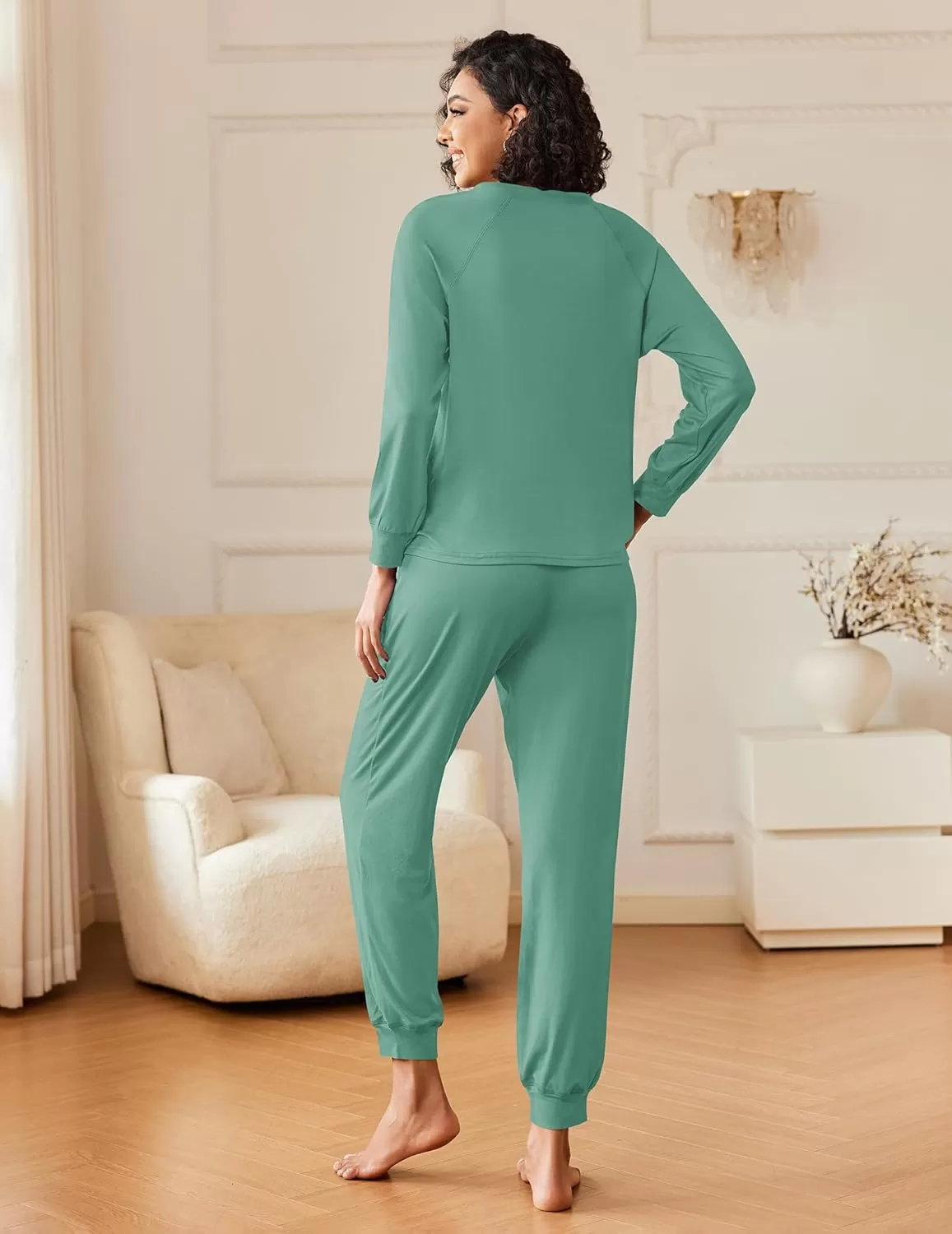 imageEkouaer Womens Pajamas Long Sleeve Jogger Sets Comfy Pjs Soft Loungewear 2 Piece Lounge Sets with Pockets SXXLGreen