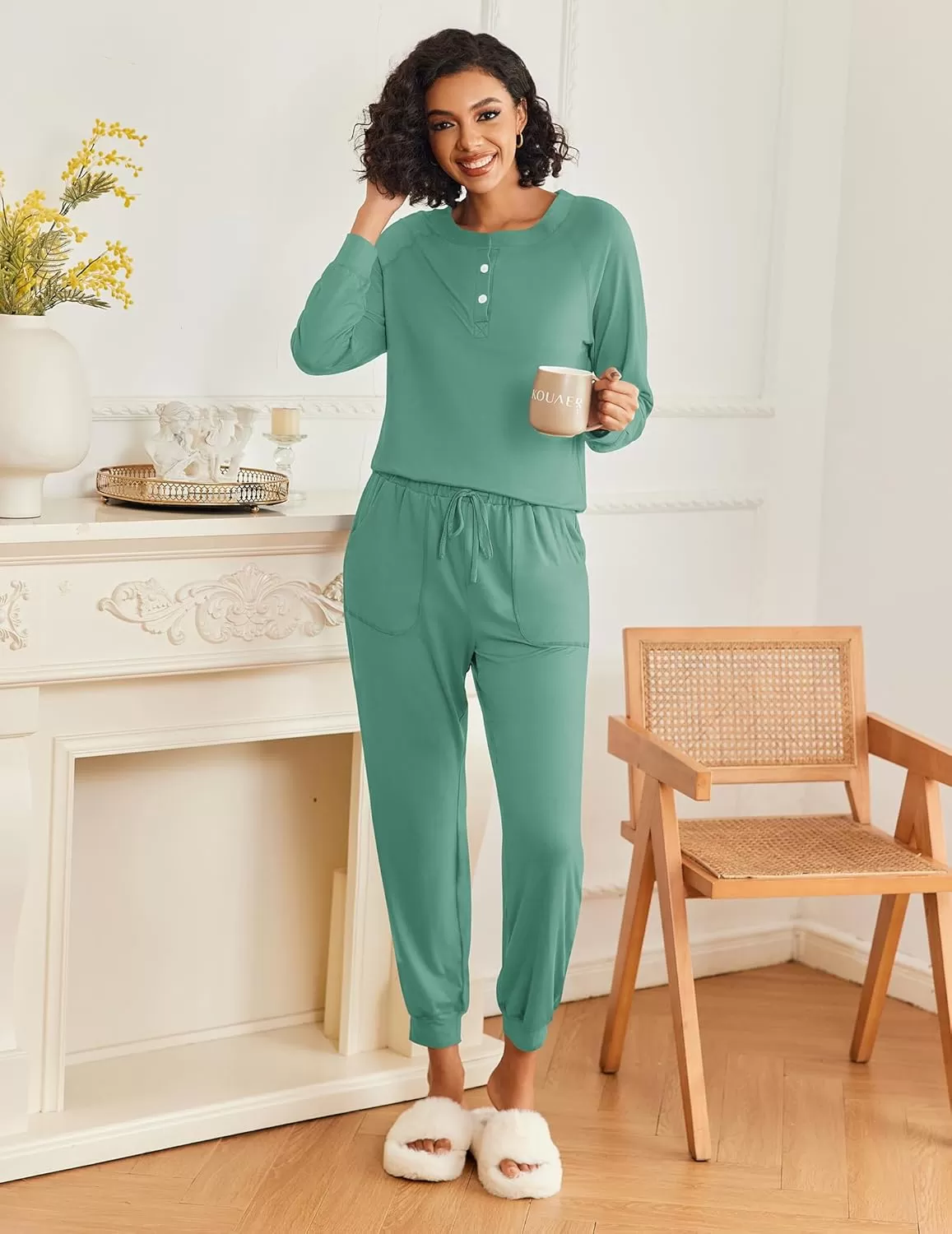 imageEkouaer Womens Pajamas Long Sleeve Jogger Sets Comfy Pjs Soft Loungewear 2 Piece Lounge Sets with Pockets SXXLGreen