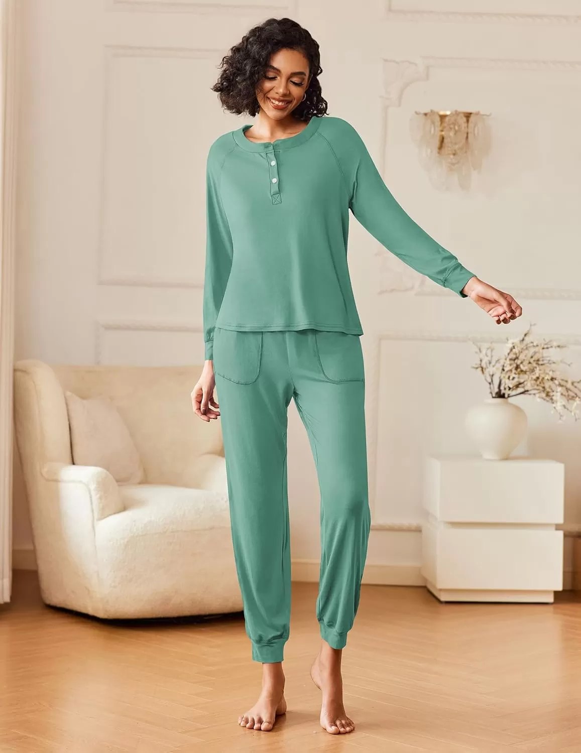 imageEkouaer Womens Pajamas Long Sleeve Jogger Sets Comfy Pjs Soft Loungewear 2 Piece Lounge Sets with Pockets SXXLGreen