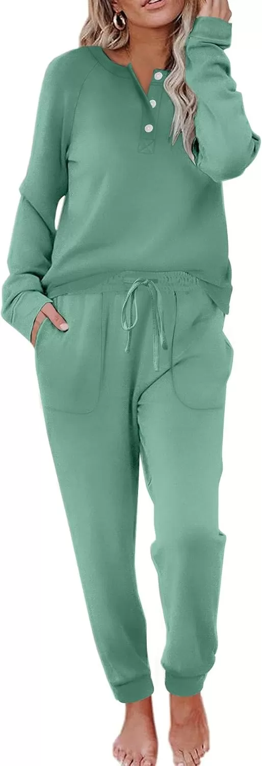 imageEkouaer Womens Pajamas Long Sleeve Jogger Sets Comfy Pjs Soft Loungewear 2 Piece Lounge Sets with Pockets SXXLGreen