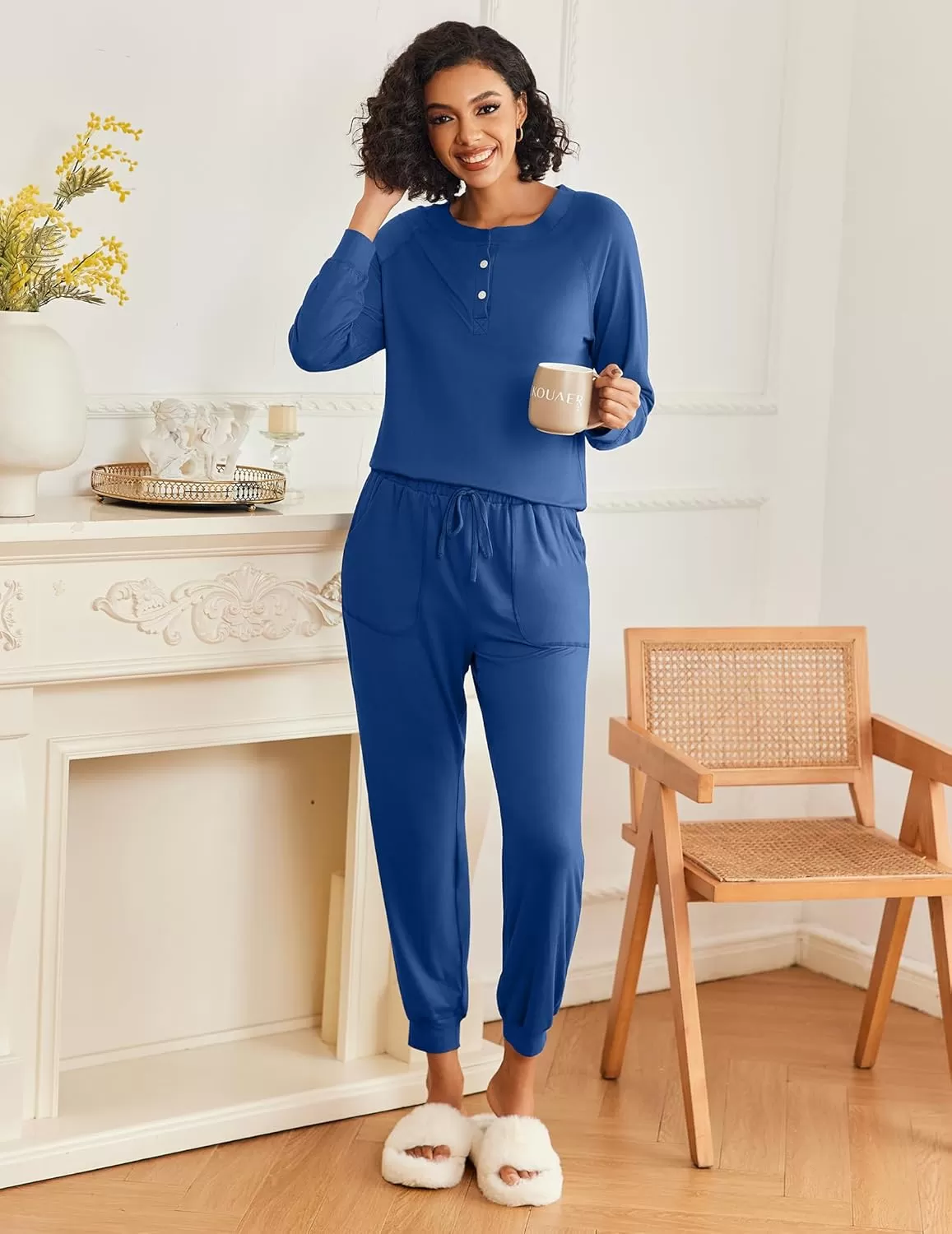 imageEkouaer Womens Pajamas Long Sleeve Jogger Sets Comfy Pjs Soft Loungewear 2 Piece Lounge Sets with Pockets SXXLNavy