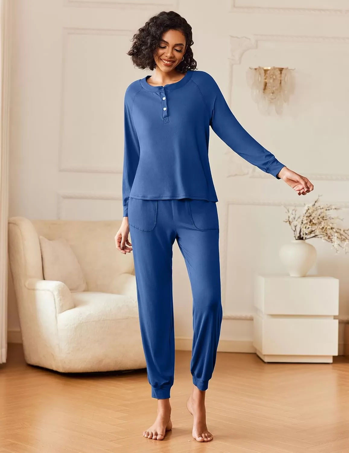 imageEkouaer Womens Pajamas Long Sleeve Jogger Sets Comfy Pjs Soft Loungewear 2 Piece Lounge Sets with Pockets SXXLNavy