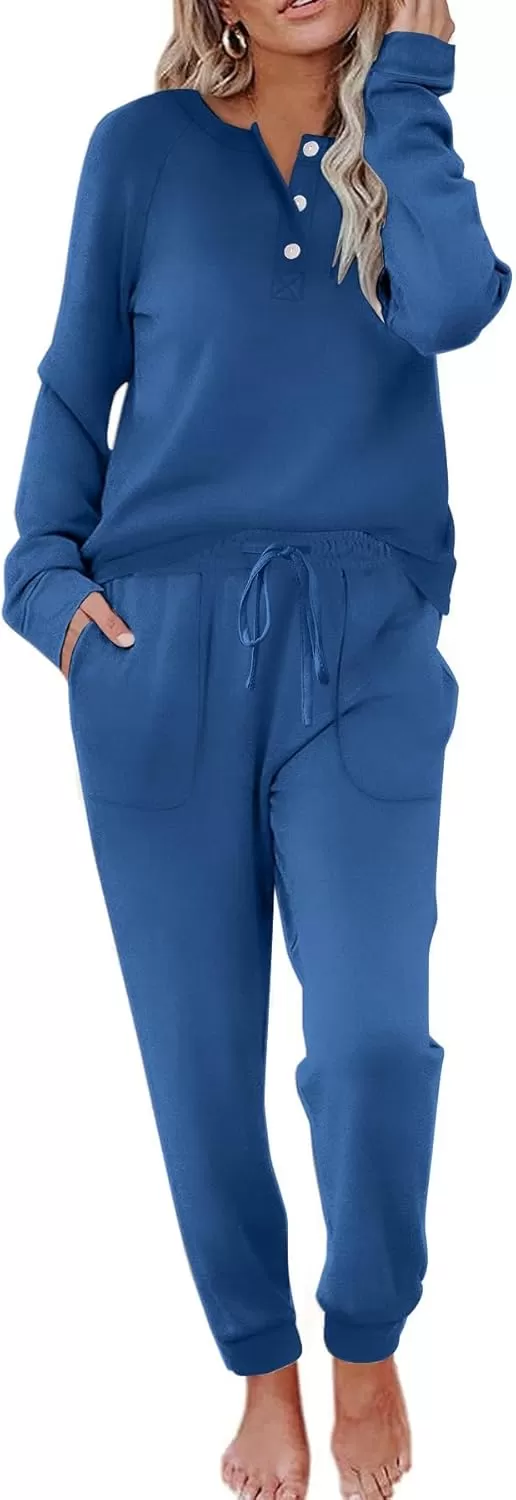 imageEkouaer Womens Pajamas Long Sleeve Jogger Sets Comfy Pjs Soft Loungewear 2 Piece Lounge Sets with Pockets SXXLNavy