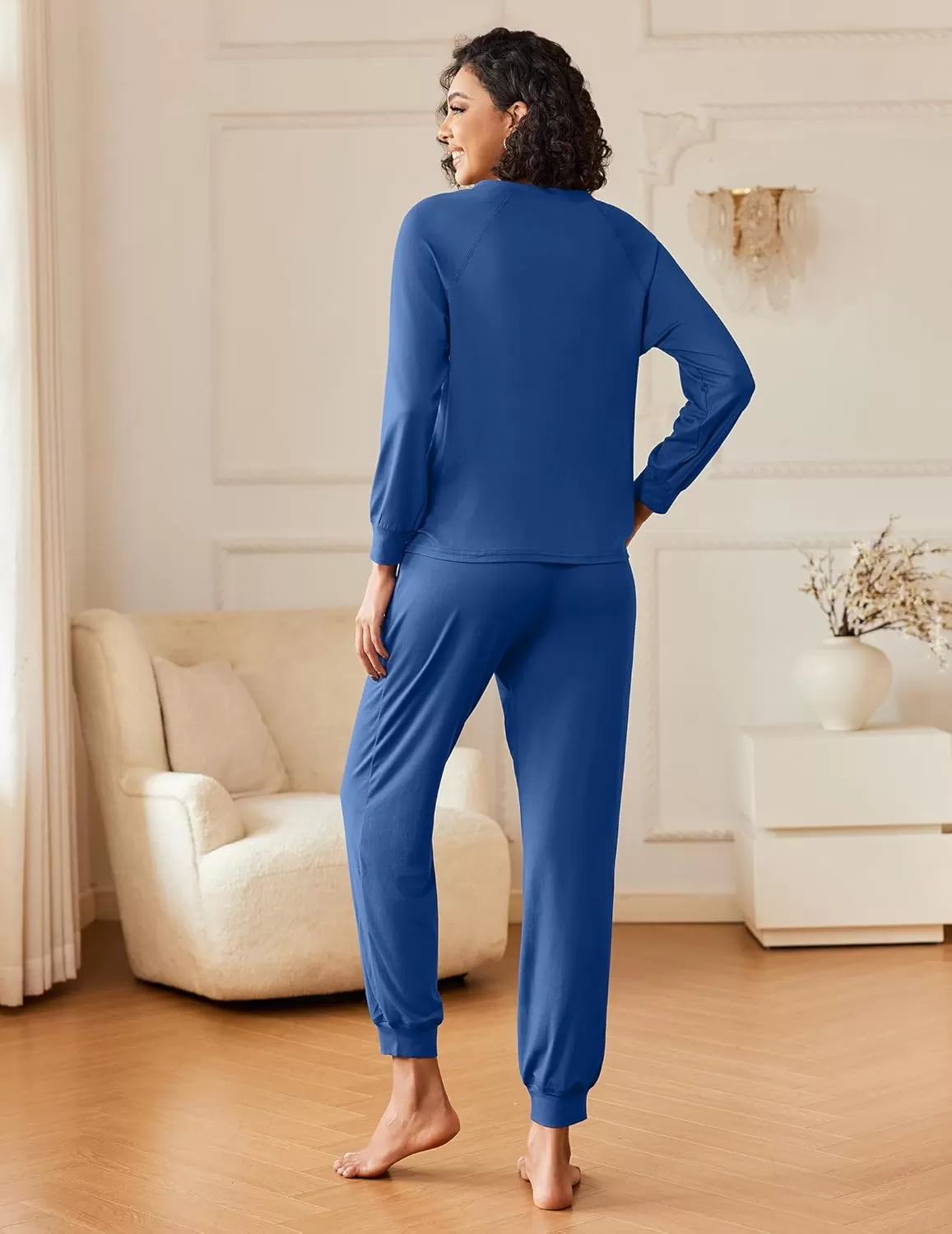 imageEkouaer Womens Pajamas Long Sleeve Jogger Sets Comfy Pjs Soft Loungewear 2 Piece Lounge Sets with Pockets SXXLNavy