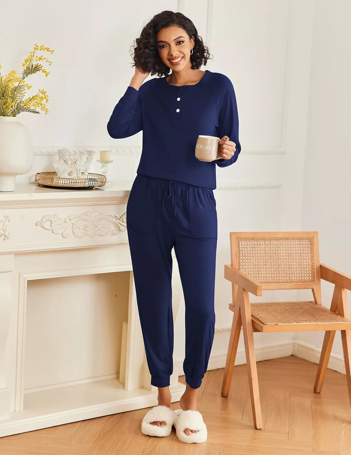 imageEkouaer Womens Pajamas Long Sleeve Jogger Sets Comfy Pjs Soft Loungewear 2 Piece Lounge Sets with Pockets SXXLNavy Blue