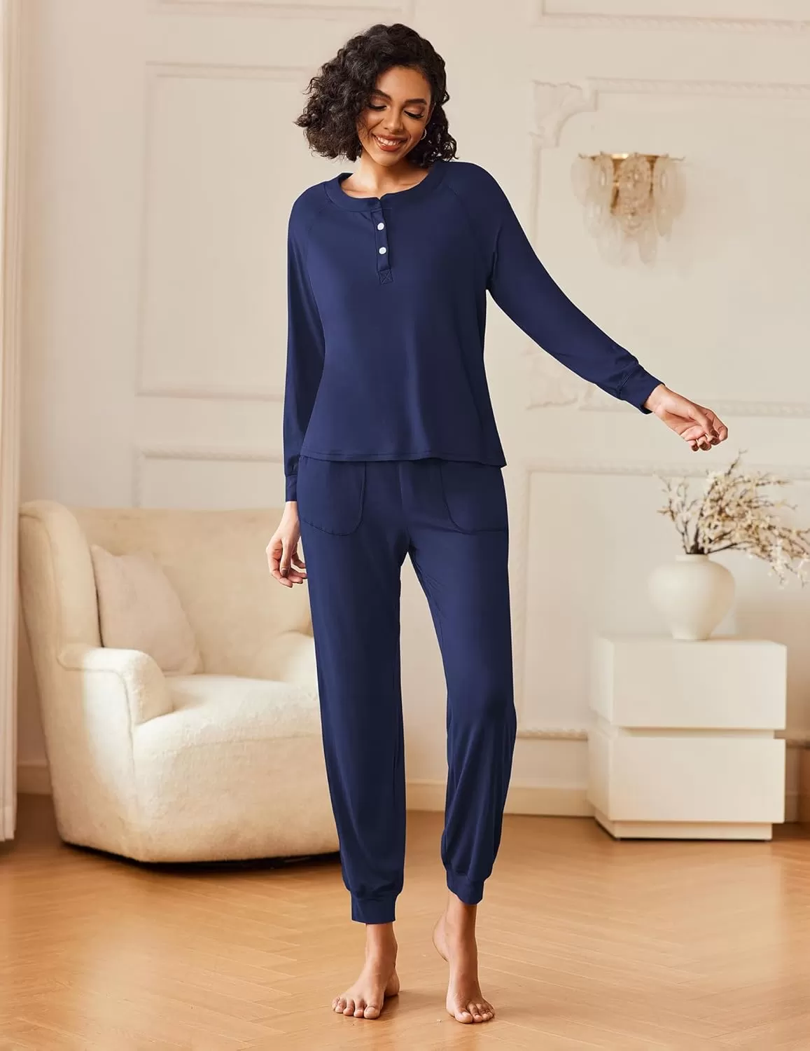 imageEkouaer Womens Pajamas Long Sleeve Jogger Sets Comfy Pjs Soft Loungewear 2 Piece Lounge Sets with Pockets SXXLNavy Blue