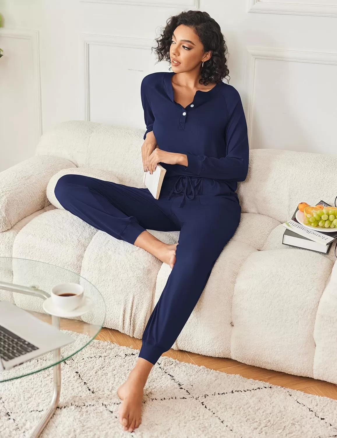 imageEkouaer Womens Pajamas Long Sleeve Jogger Sets Comfy Pjs Soft Loungewear 2 Piece Lounge Sets with Pockets SXXLNavy Blue