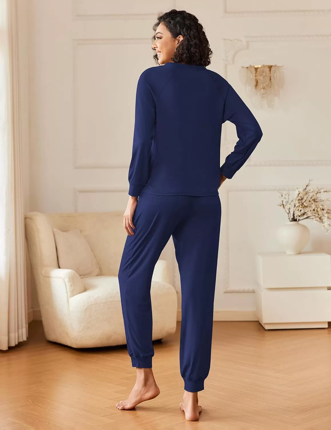 imageEkouaer Womens Pajamas Long Sleeve Jogger Sets Comfy Pjs Soft Loungewear 2 Piece Lounge Sets with Pockets SXXLNavy Blue