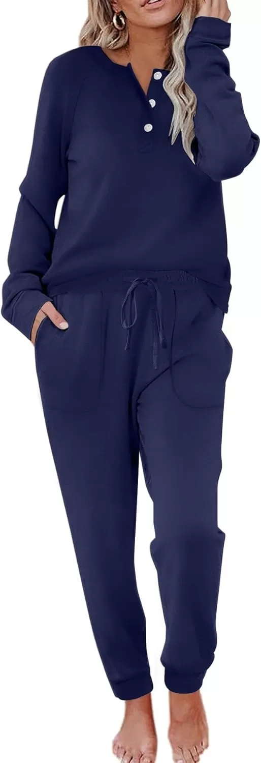 imageEkouaer Womens Pajamas Long Sleeve Jogger Sets Comfy Pjs Soft Loungewear 2 Piece Lounge Sets with Pockets SXXLNavy Blue