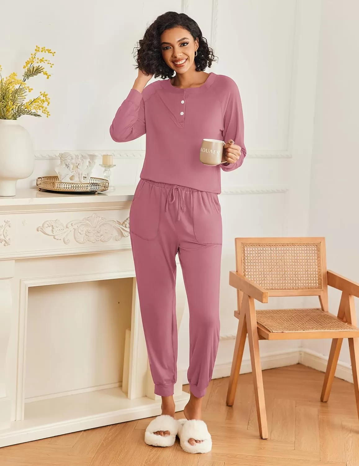 imageEkouaer Womens Pajamas Long Sleeve Jogger Sets Comfy Pjs Soft Loungewear 2 Piece Lounge Sets with Pockets SXXLOld Rose