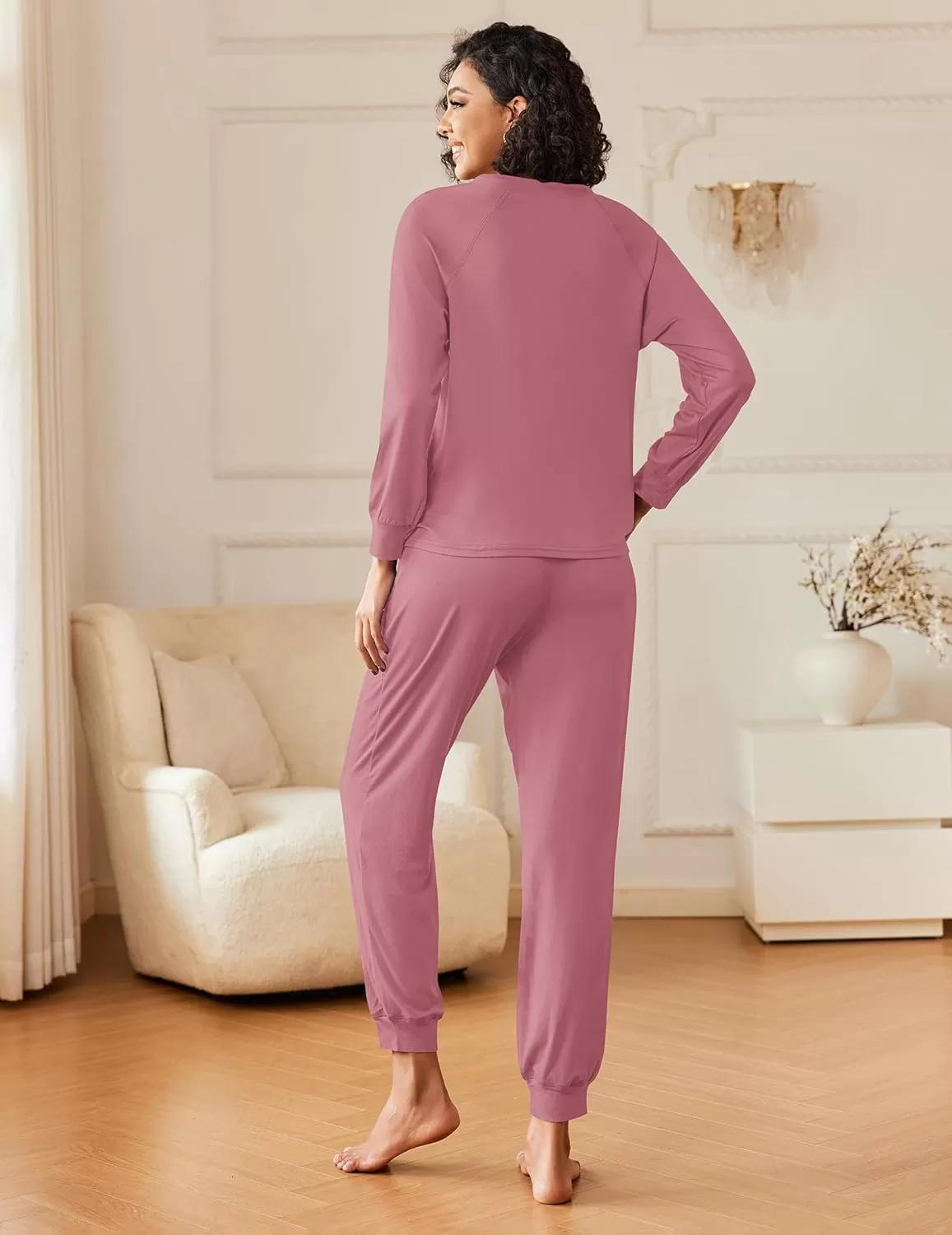 imageEkouaer Womens Pajamas Long Sleeve Jogger Sets Comfy Pjs Soft Loungewear 2 Piece Lounge Sets with Pockets SXXLOld Rose