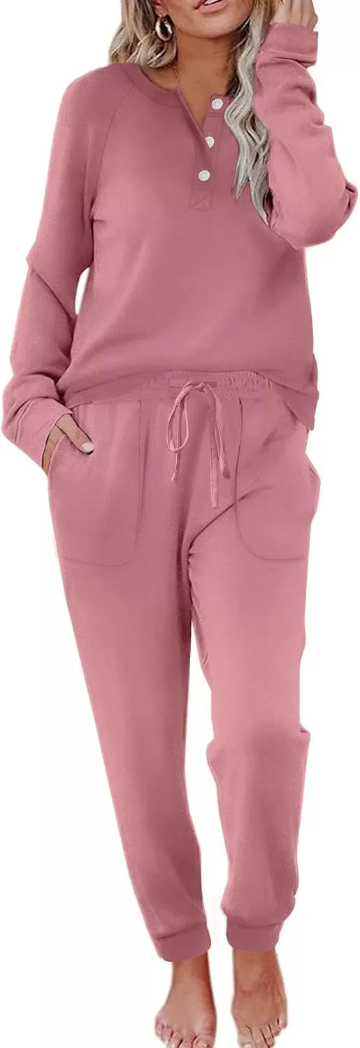 imageEkouaer Womens Pajamas Long Sleeve Jogger Sets Comfy Pjs Soft Loungewear 2 Piece Lounge Sets with Pockets SXXLOld Rose