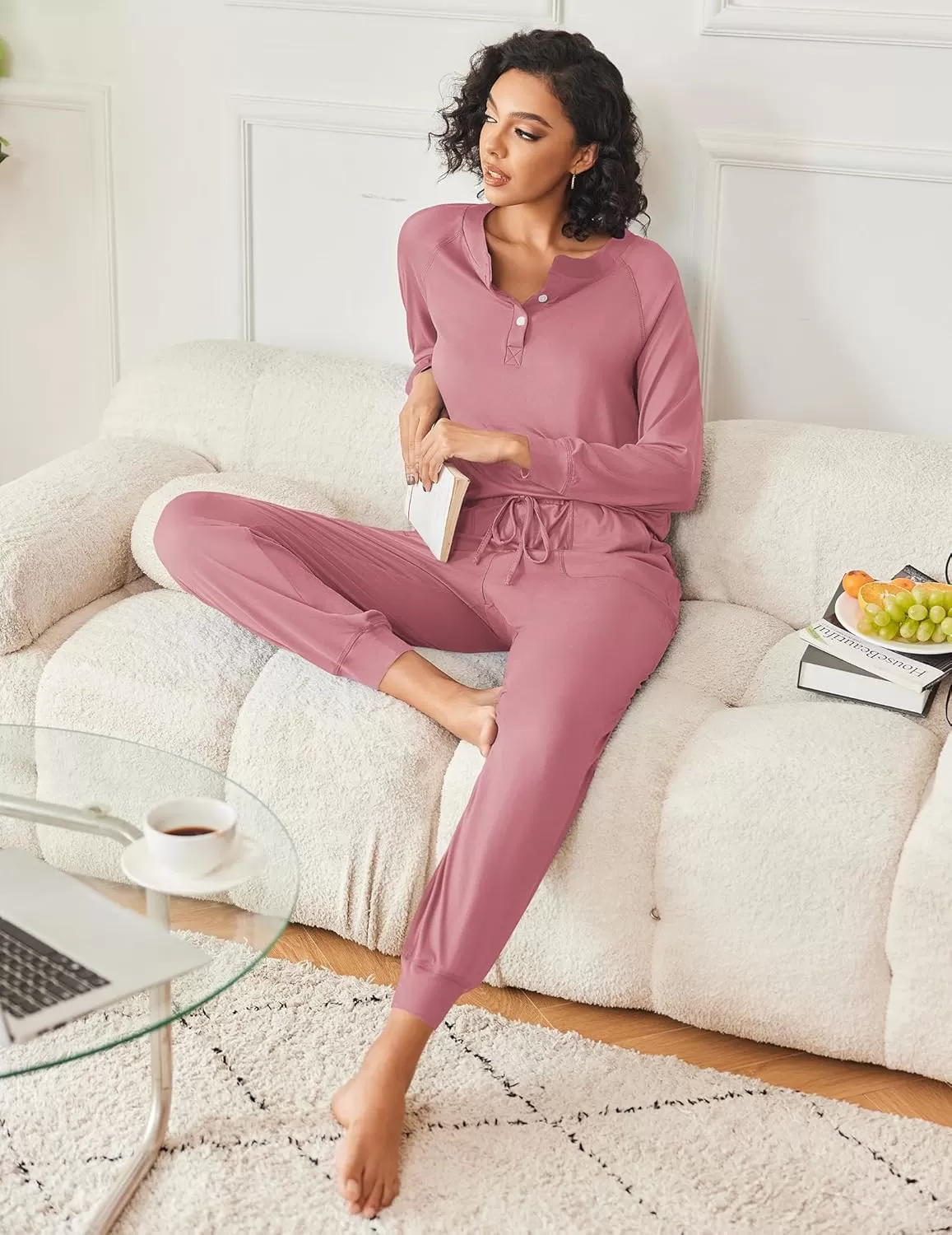 imageEkouaer Womens Pajamas Long Sleeve Jogger Sets Comfy Pjs Soft Loungewear 2 Piece Lounge Sets with Pockets SXXLOld Rose