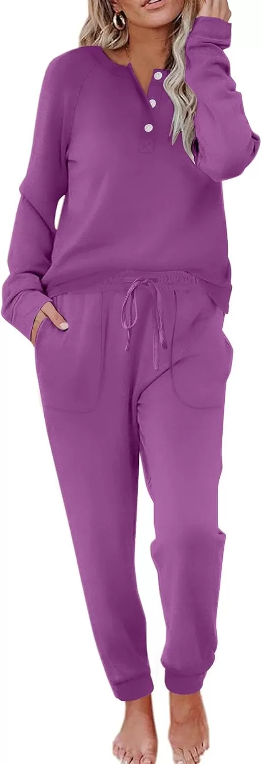 imageEkouaer Womens Pajamas Long Sleeve Jogger Sets Comfy Pjs Soft Loungewear 2 Piece Lounge Sets with Pockets SXXLPurple