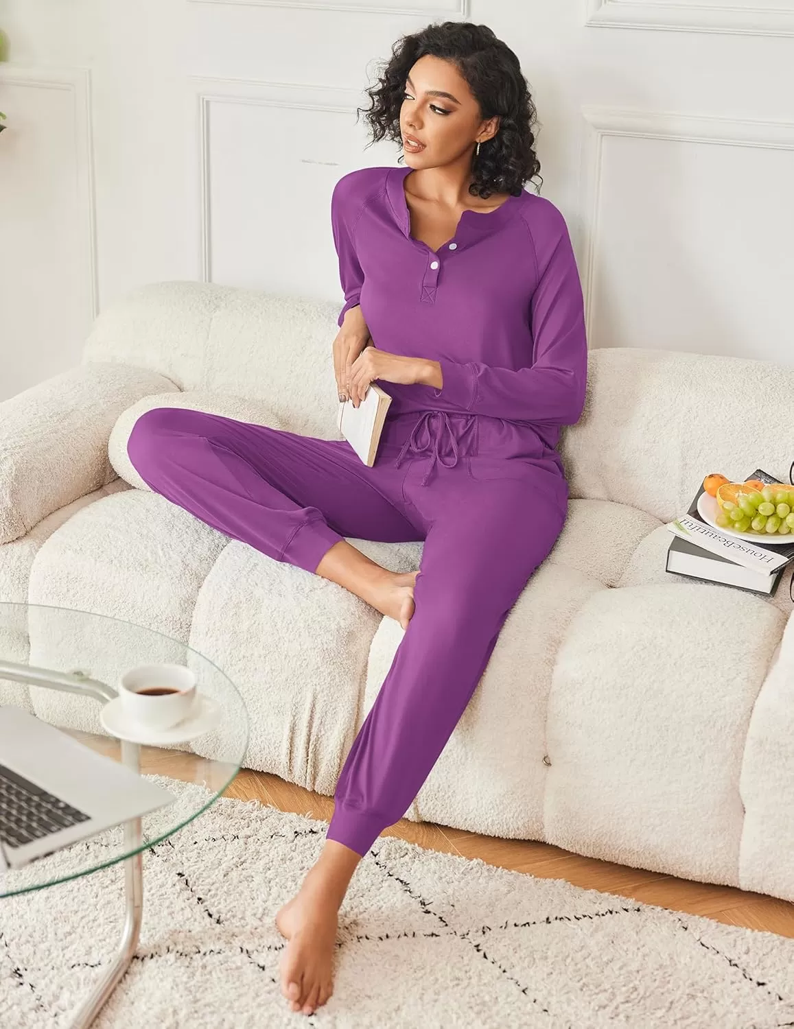 imageEkouaer Womens Pajamas Long Sleeve Jogger Sets Comfy Pjs Soft Loungewear 2 Piece Lounge Sets with Pockets SXXLPurple