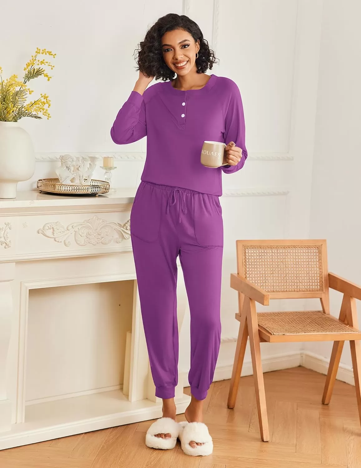 imageEkouaer Womens Pajamas Long Sleeve Jogger Sets Comfy Pjs Soft Loungewear 2 Piece Lounge Sets with Pockets SXXLPurple
