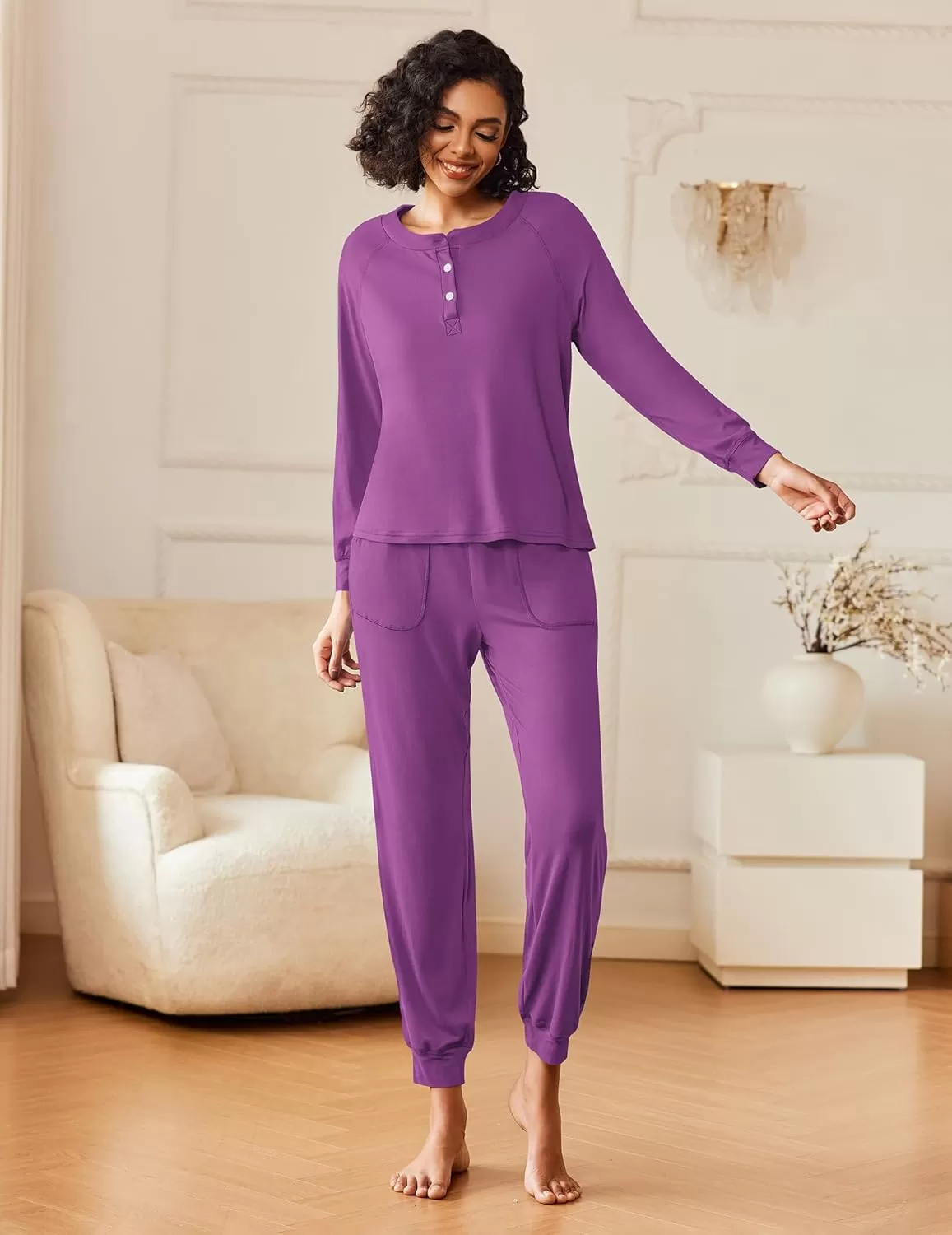 imageEkouaer Womens Pajamas Long Sleeve Jogger Sets Comfy Pjs Soft Loungewear 2 Piece Lounge Sets with Pockets SXXLPurple