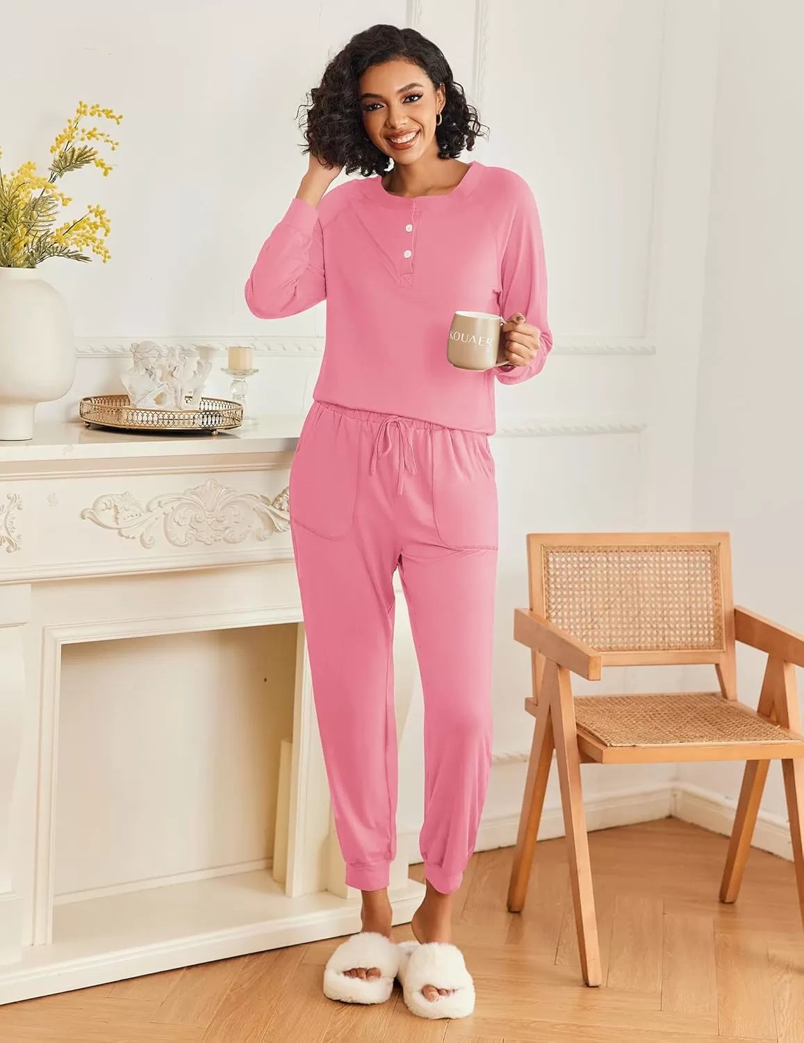 imageEkouaer Womens Pajamas Long Sleeve Jogger Sets Comfy Pjs Soft Loungewear 2 Piece Lounge Sets with Pockets SXXLRose