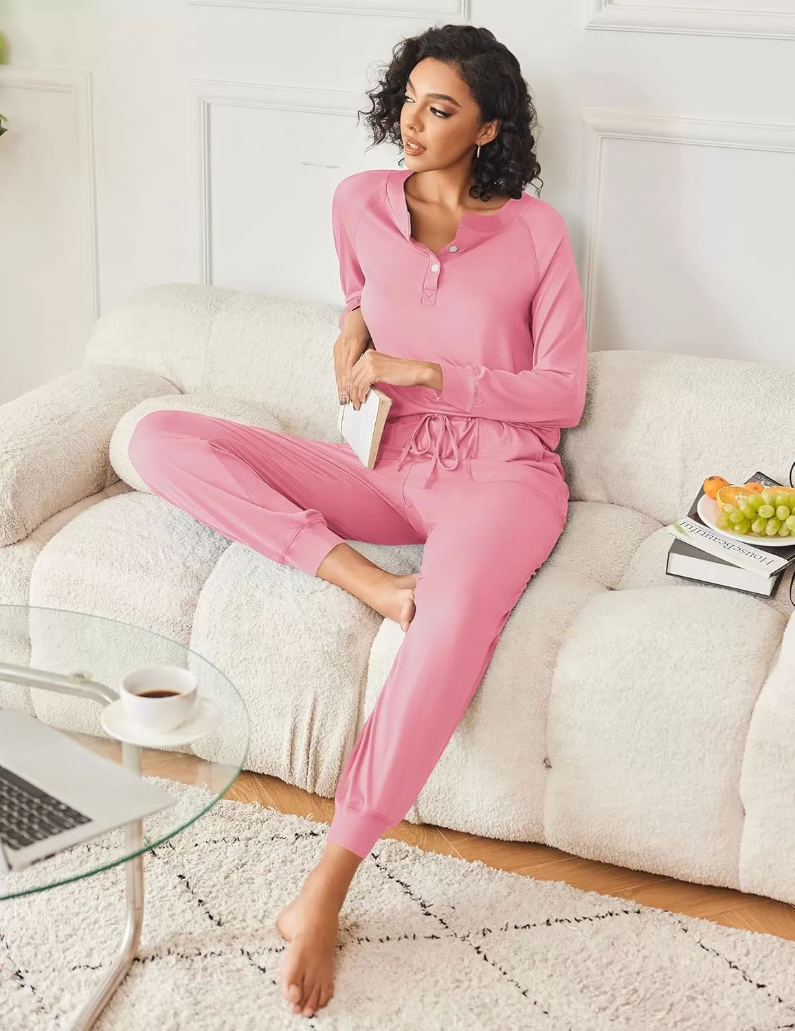 imageEkouaer Womens Pajamas Long Sleeve Jogger Sets Comfy Pjs Soft Loungewear 2 Piece Lounge Sets with Pockets SXXLRose