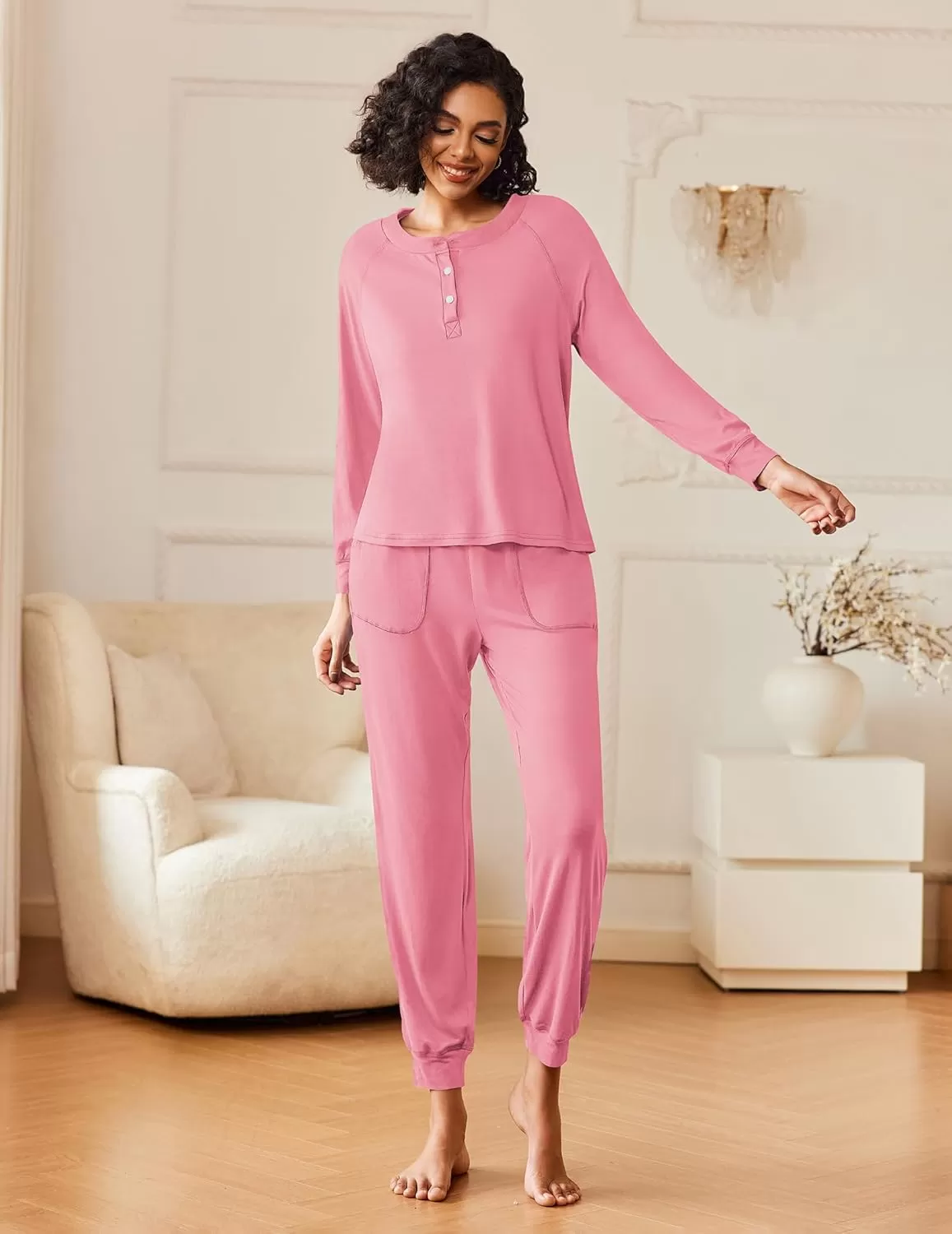 imageEkouaer Womens Pajamas Long Sleeve Jogger Sets Comfy Pjs Soft Loungewear 2 Piece Lounge Sets with Pockets SXXLRose