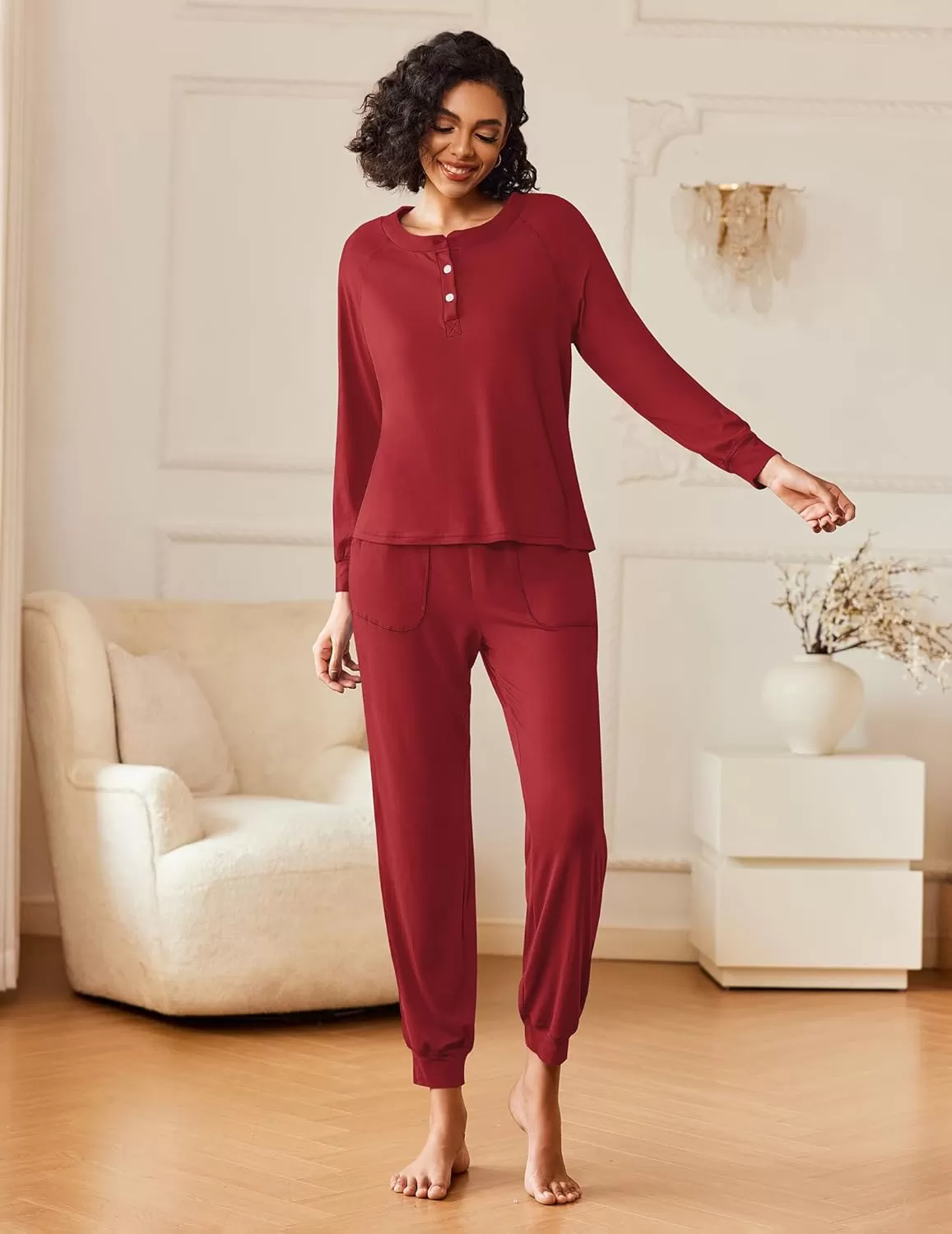 imageEkouaer Womens Pajamas Long Sleeve Jogger Sets Comfy Pjs Soft Loungewear 2 Piece Lounge Sets with Pockets SXXLWine Red