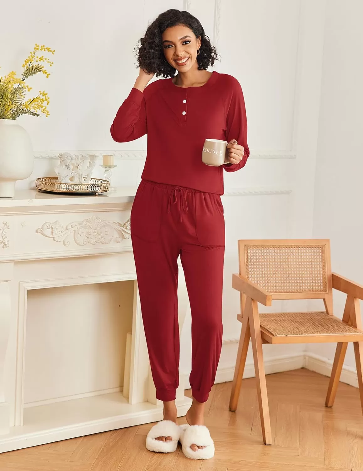 imageEkouaer Womens Pajamas Long Sleeve Jogger Sets Comfy Pjs Soft Loungewear 2 Piece Lounge Sets with Pockets SXXLWine Red