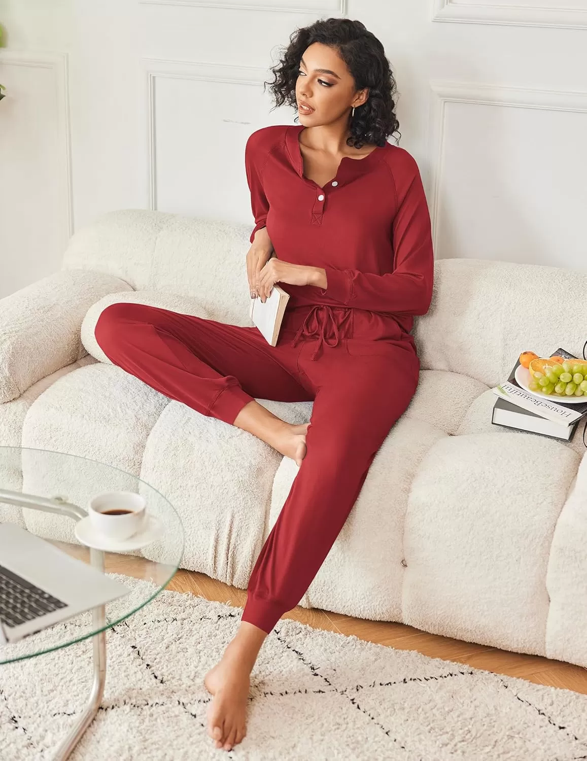 imageEkouaer Womens Pajamas Long Sleeve Jogger Sets Comfy Pjs Soft Loungewear 2 Piece Lounge Sets with Pockets SXXLWine Red