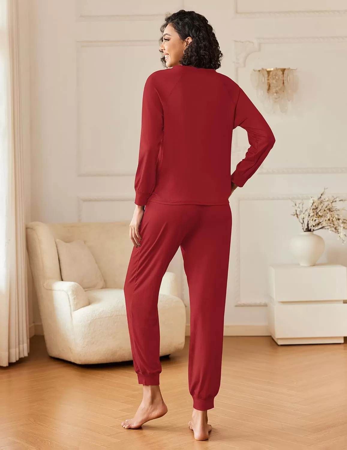 imageEkouaer Womens Pajamas Long Sleeve Jogger Sets Comfy Pjs Soft Loungewear 2 Piece Lounge Sets with Pockets SXXLWine Red