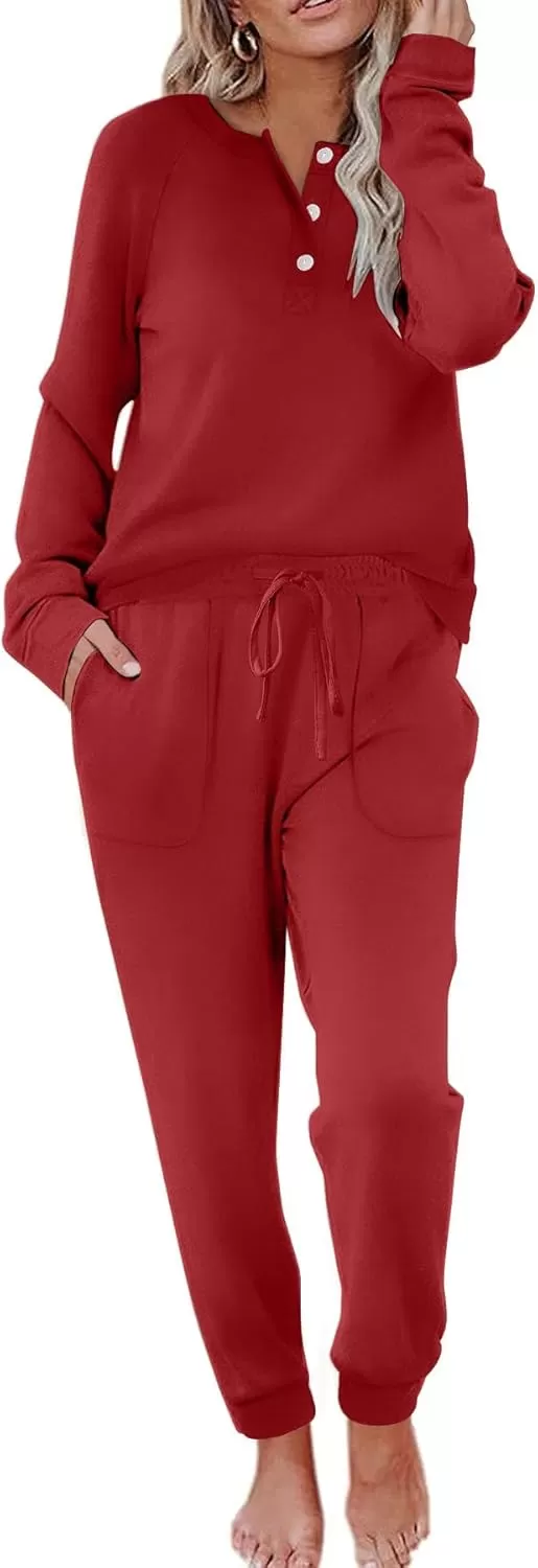 imageEkouaer Womens Pajamas Long Sleeve Jogger Sets Comfy Pjs Soft Loungewear 2 Piece Lounge Sets with Pockets SXXLWine Red