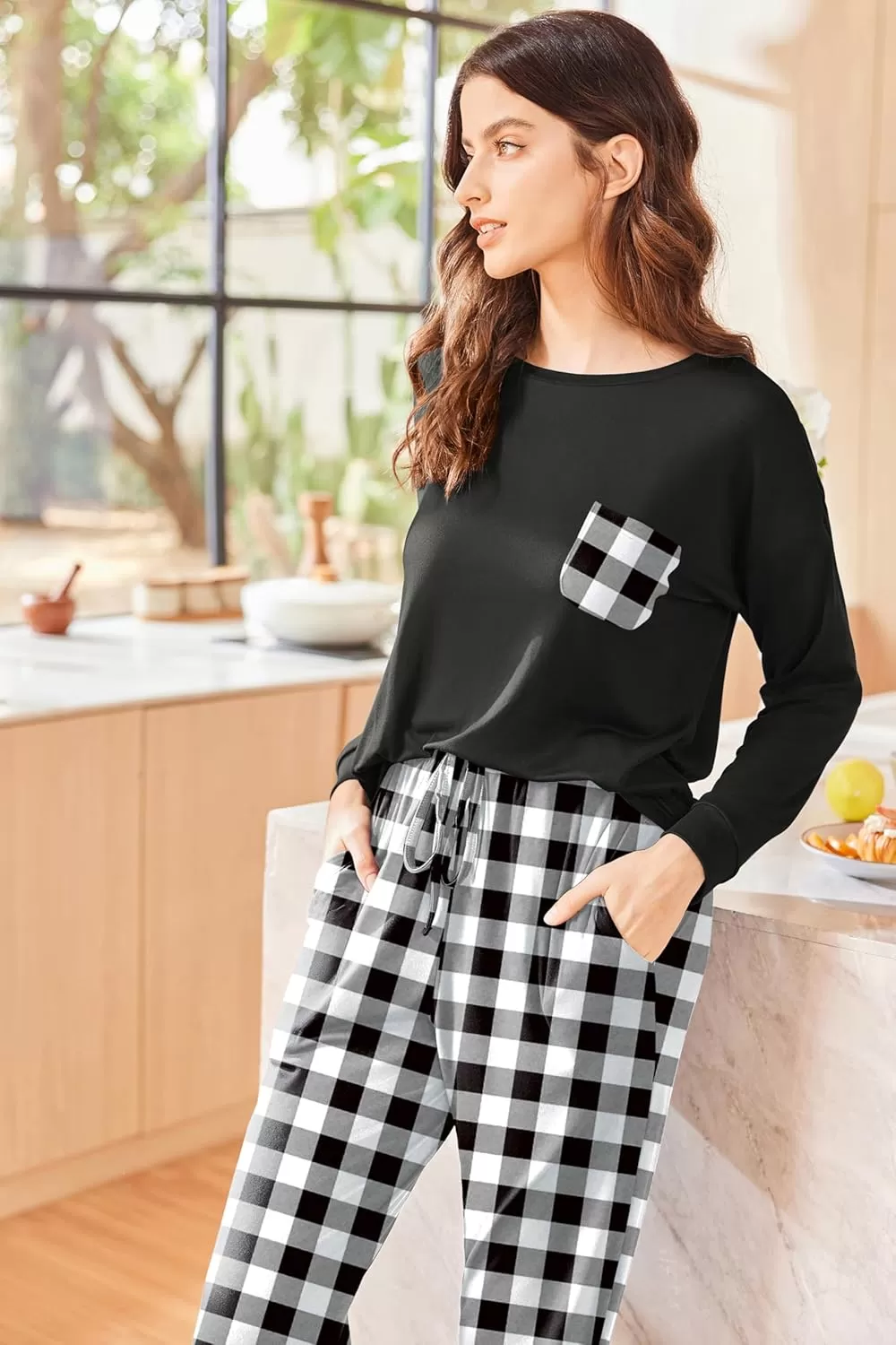 imageEkouaer Womens Pajamas Set Long Sleeve Christmas PJ Sets Soft Lounge Set for Women Sleepwear Joggers with PocketsBlack Plaid