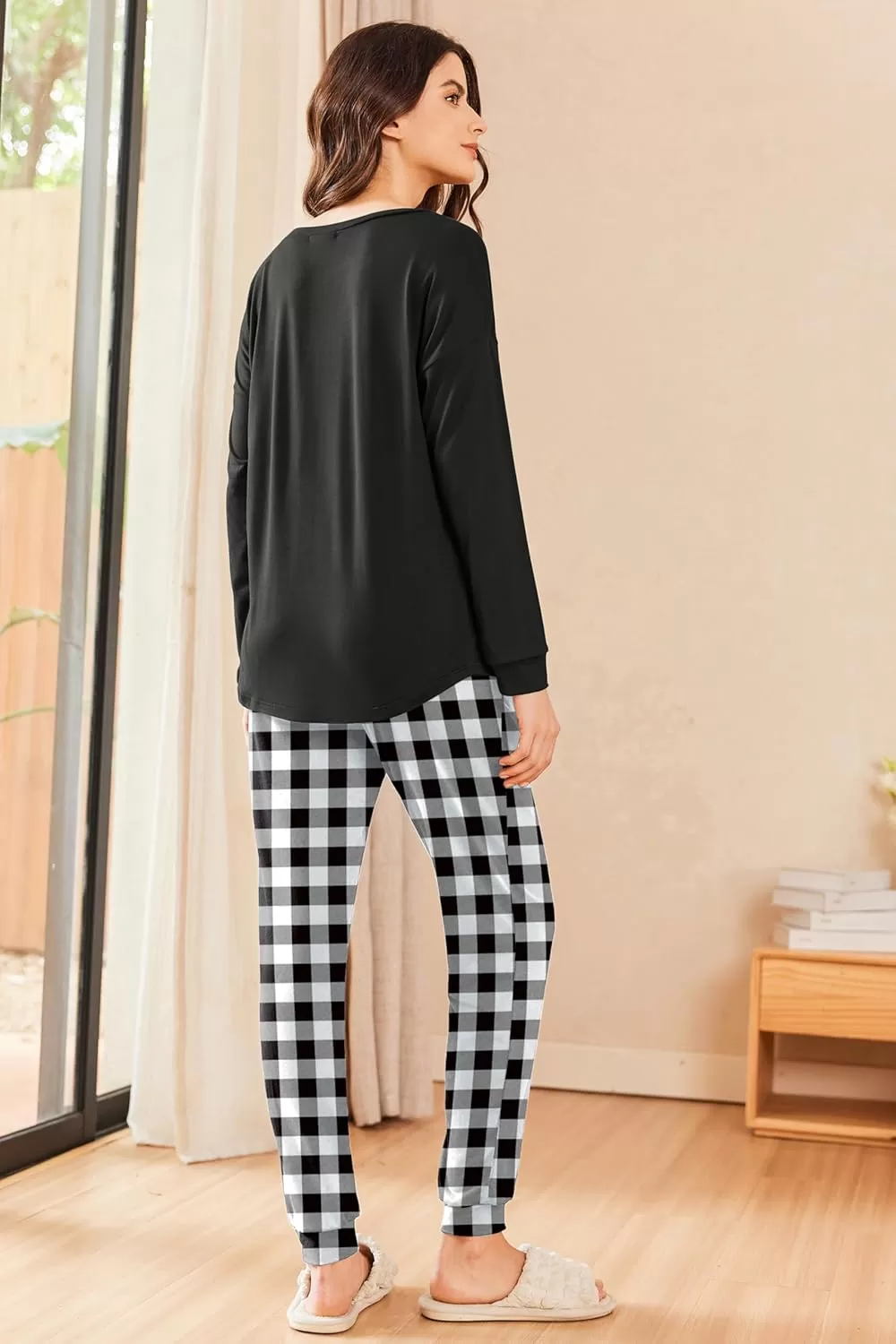imageEkouaer Womens Pajamas Set Long Sleeve Christmas PJ Sets Soft Lounge Set for Women Sleepwear Joggers with PocketsBlack Plaid