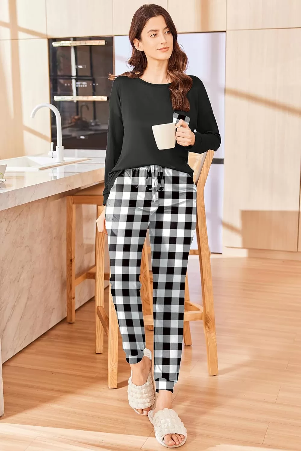 imageEkouaer Womens Pajamas Set Long Sleeve Christmas PJ Sets Soft Lounge Set for Women Sleepwear Joggers with PocketsBlack Plaid