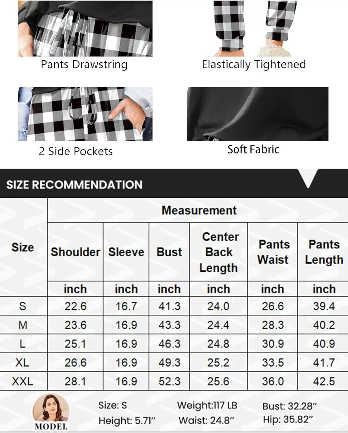 imageEkouaer Womens Pajamas Set Long Sleeve Christmas PJ Sets Soft Lounge Set for Women Sleepwear Joggers with PocketsBlack Plaid