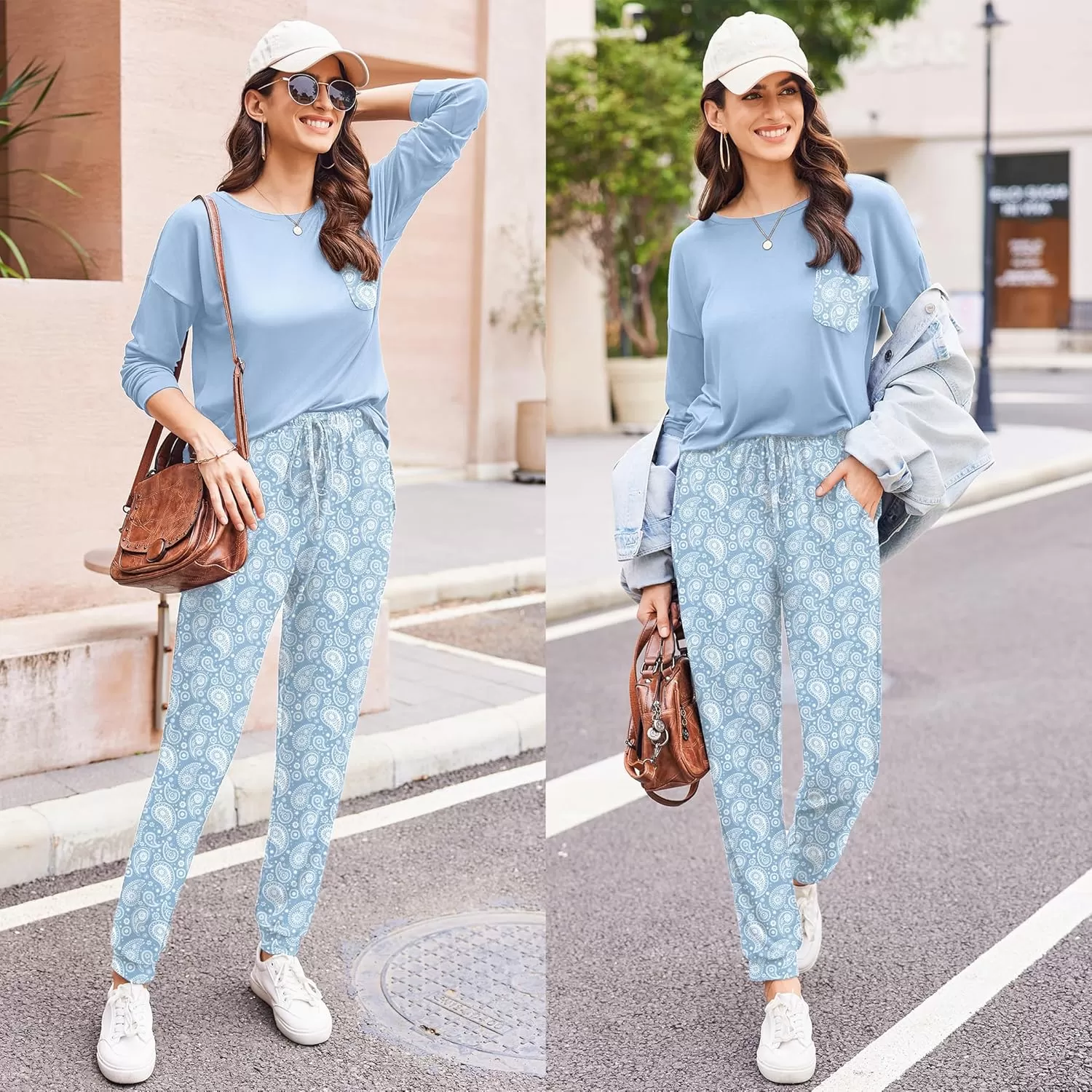 imageEkouaer Womens Pajamas Set Long Sleeve Christmas PJ Sets Soft Lounge Set for Women Sleepwear Joggers with PocketsBlue Flowers