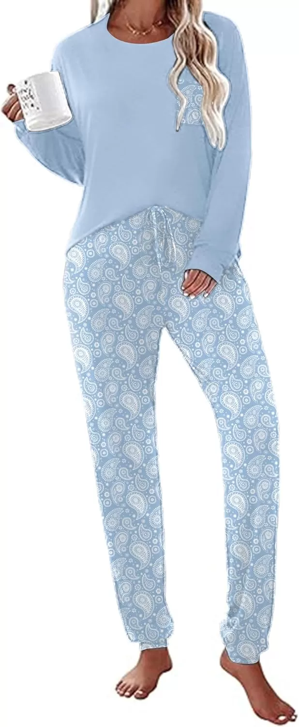 imageEkouaer Womens Pajamas Set Long Sleeve Christmas PJ Sets Soft Lounge Set for Women Sleepwear Joggers with PocketsBlue Flowers