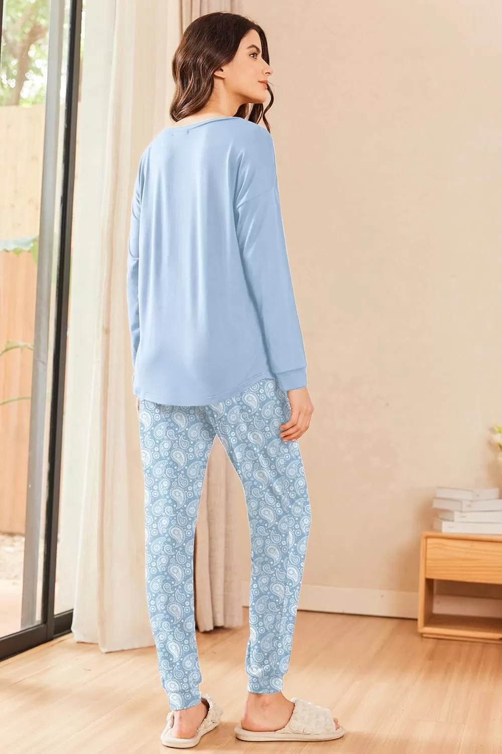 imageEkouaer Womens Pajamas Set Long Sleeve Christmas PJ Sets Soft Lounge Set for Women Sleepwear Joggers with PocketsBlue Flowers