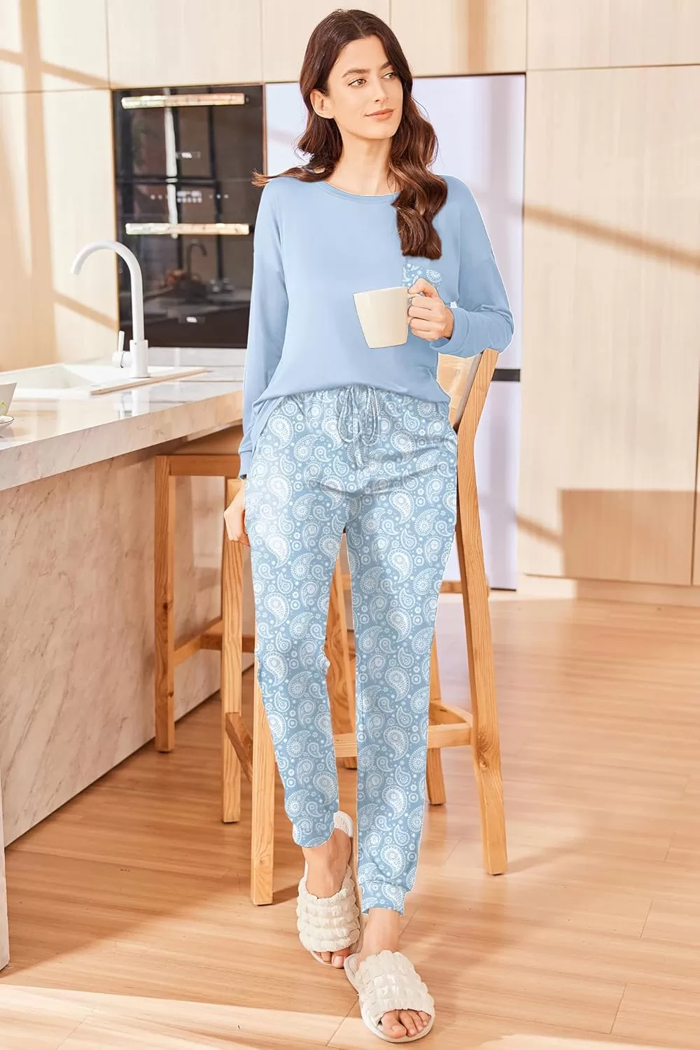 imageEkouaer Womens Pajamas Set Long Sleeve Christmas PJ Sets Soft Lounge Set for Women Sleepwear Joggers with PocketsBlue Flowers