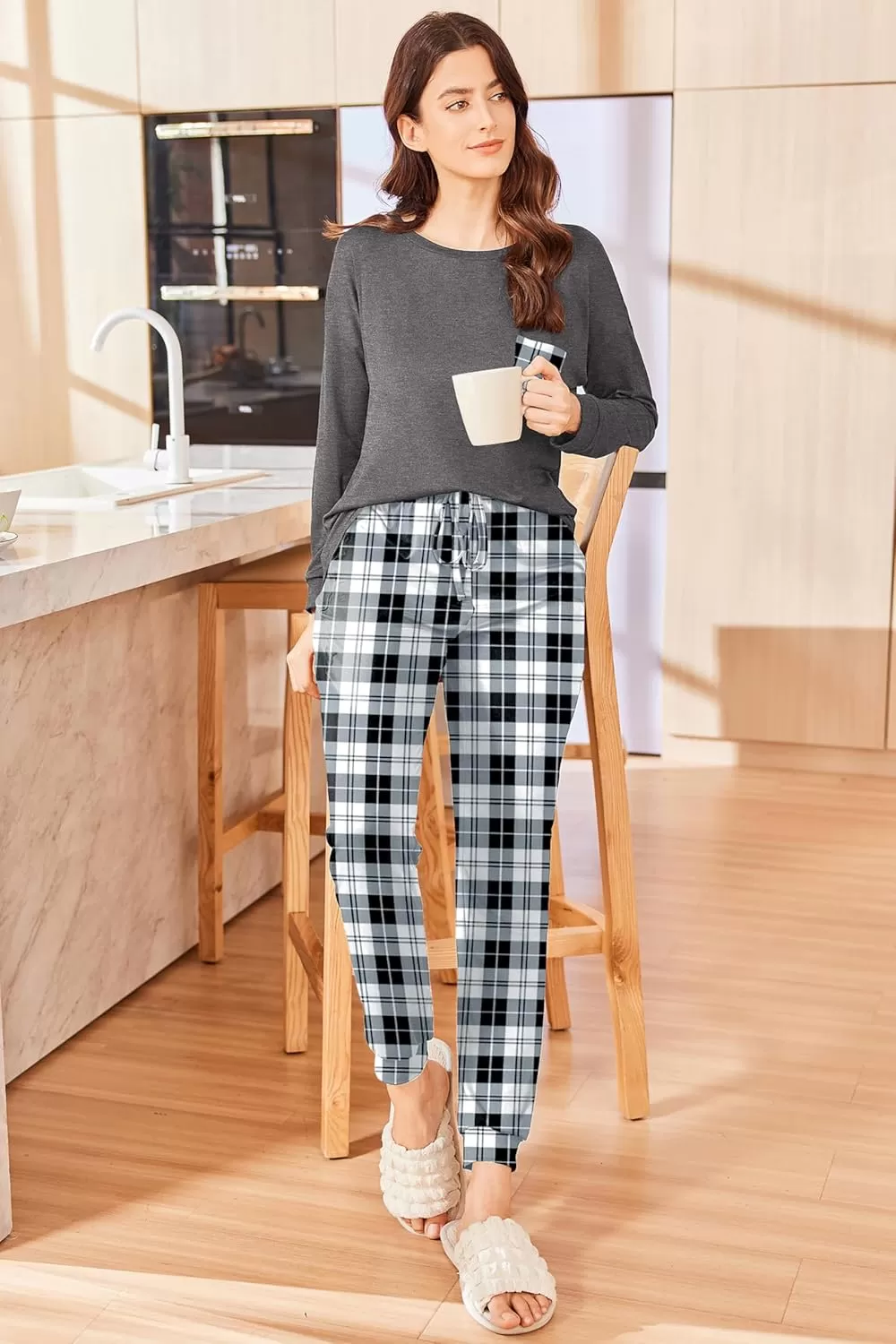 imageEkouaer Womens Pajamas Set Long Sleeve Christmas PJ Sets Soft Lounge Set for Women Sleepwear Joggers with PocketsGray Plaid