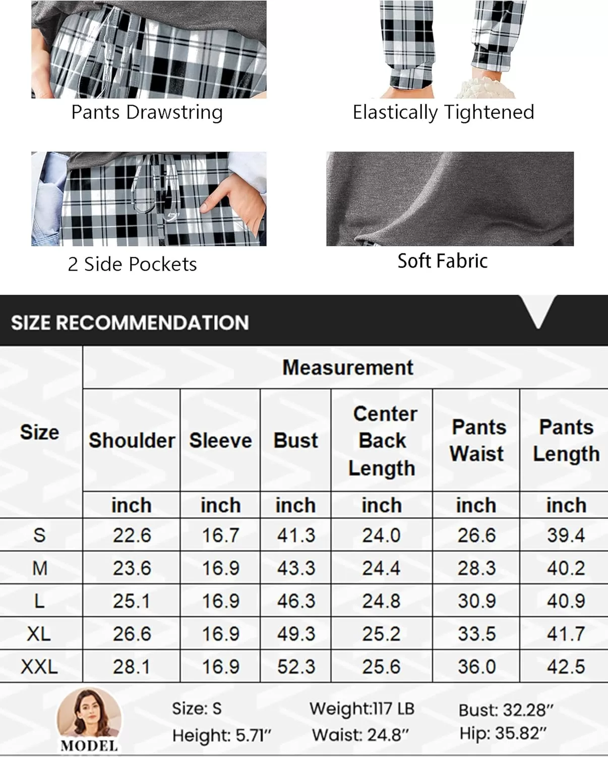 imageEkouaer Womens Pajamas Set Long Sleeve Christmas PJ Sets Soft Lounge Set for Women Sleepwear Joggers with PocketsGray Plaid