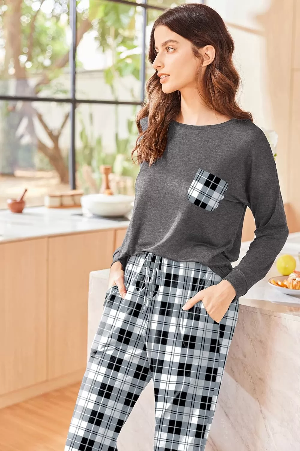 imageEkouaer Womens Pajamas Set Long Sleeve Christmas PJ Sets Soft Lounge Set for Women Sleepwear Joggers with PocketsGray Plaid