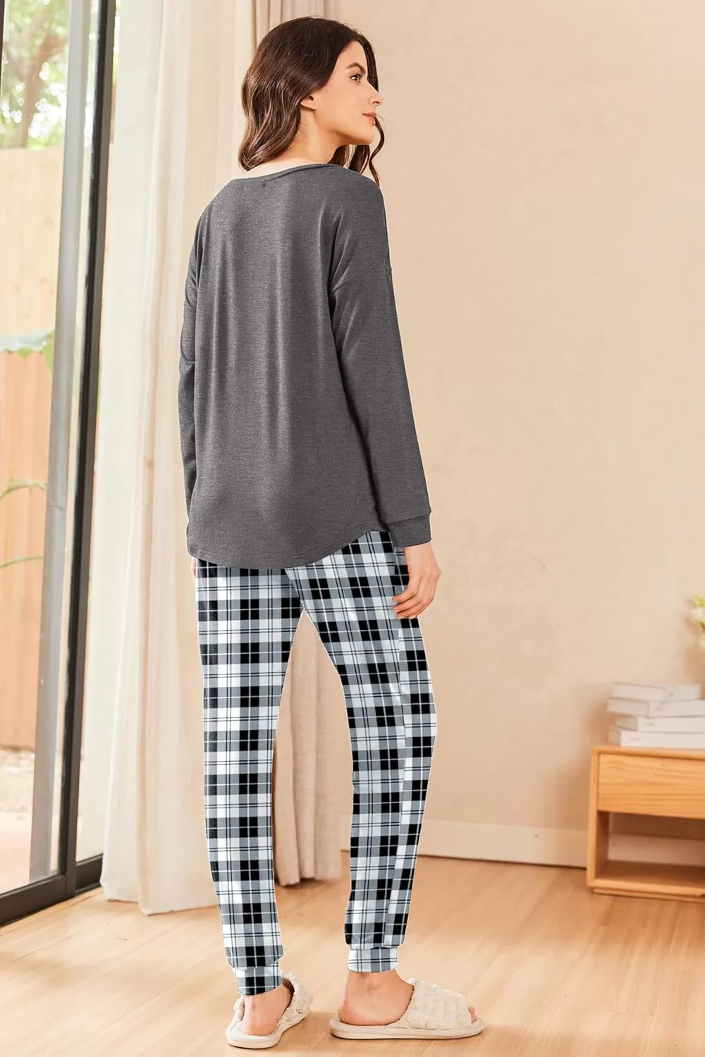 imageEkouaer Womens Pajamas Set Long Sleeve Christmas PJ Sets Soft Lounge Set for Women Sleepwear Joggers with PocketsGray Plaid