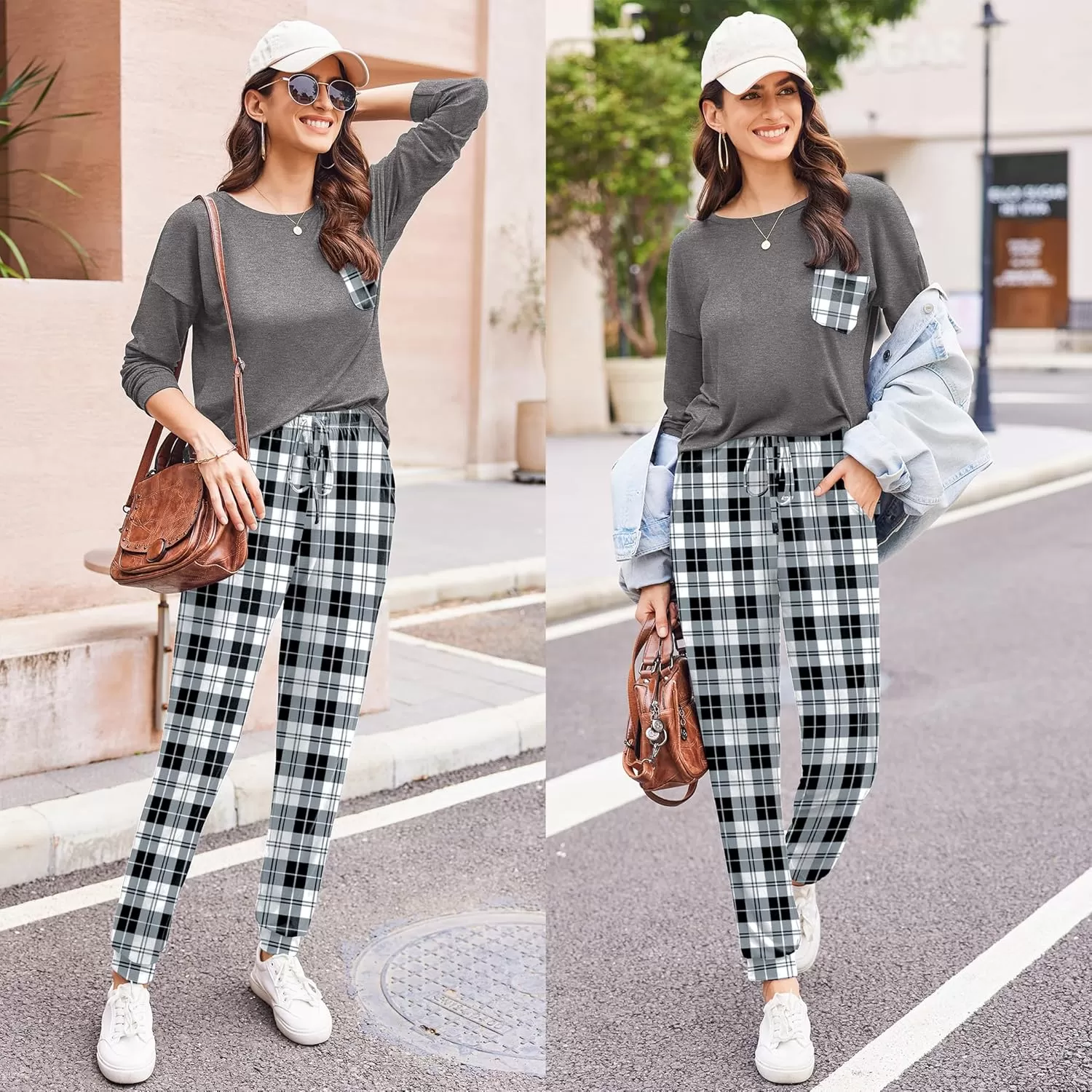 imageEkouaer Womens Pajamas Set Long Sleeve Christmas PJ Sets Soft Lounge Set for Women Sleepwear Joggers with PocketsGray Plaid