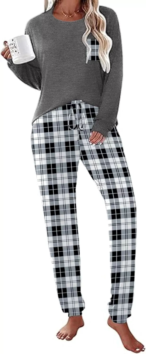 imageEkouaer Womens Pajamas Set Long Sleeve Christmas PJ Sets Soft Lounge Set for Women Sleepwear Joggers with PocketsGray Plaid